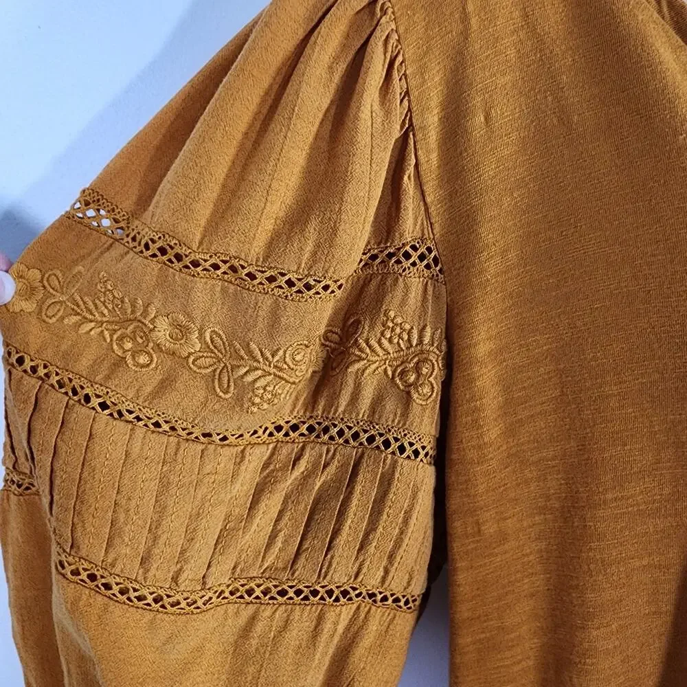 LOFT Top Mustard Yellow Embroidered Puff Sleeve V Neck Medium Boho Lace Cottage